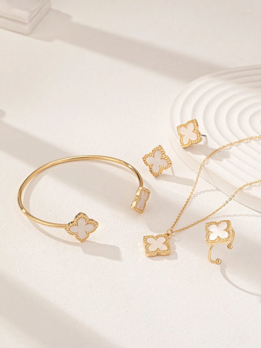 1 pièce Collier trèfle + 1 pièce Bracelet Manchette Trèfle +1 pièce Bague Trèfle en Acrylique +1 paire Boucles d'oreilles Trèfle Set de Bijoux Saint-Valentin