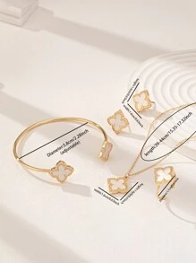 1 pièce Collier trèfle + 1 pièce Bracelet Manchette Trèfle +1 pièce Bague Trèfle en Acrylique +1 paire Boucles d'oreilles Trèfle Set de Bijoux Saint-Valentin