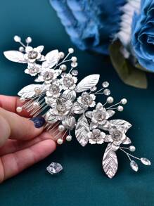 1pc Rhinestone Embellished Bridal Hair Comb With Faux Pearl & Gemstone Decoration, Unique Wedding Hair Accessory Royal Elegant Tiaras Valentine's Day Accessories - Silver - View 8