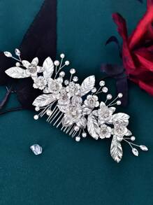 1pc Rhinestone Embellished Bridal Hair Comb With Faux Pearl & Gemstone Decoration, Unique Wedding Hair Accessory Royal Elegant Tiaras Valentine's Day Accessories - Silver - View 7