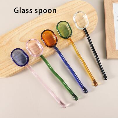 1pc Home Use Colorful Ripple Glass Spoon, For Coffee, Milk, Juice, Desserts; Creative Glass Stirring Rod Spoon, Kitchen, Christmas Gift
