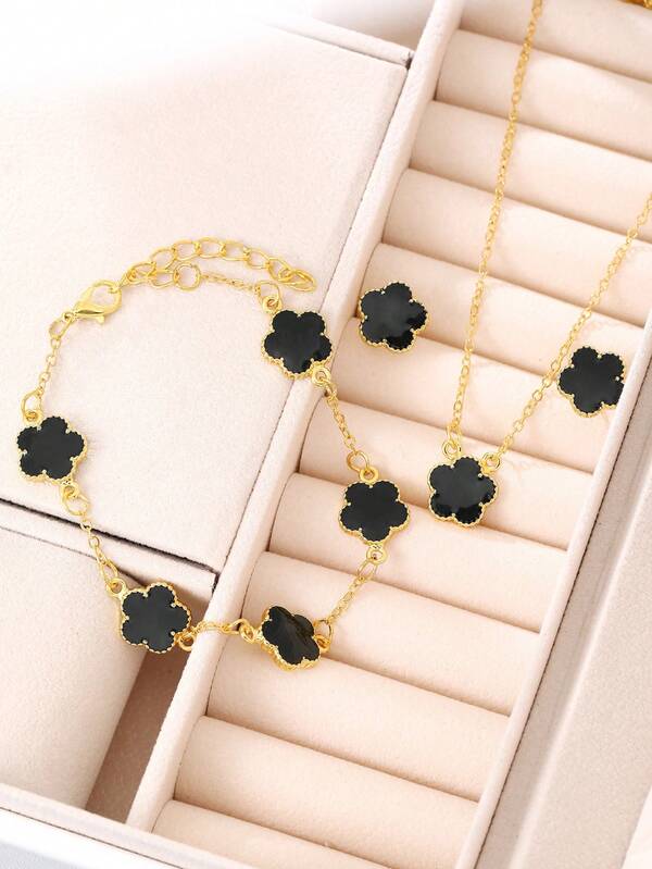 Conjunto de joyas pequeñas con estampado floral de 4 piezas, de moda y elegante en estilo casual