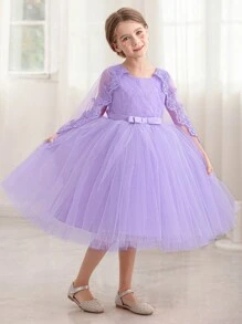 Vestido poncho de encaje y malla para niña, vestido de fiesta elegante de princesa adecuado para el cumpleaños de niñas, bodas, festivales, celebraciones y fiestas de Pascua - Púrpura malva - Ver 7