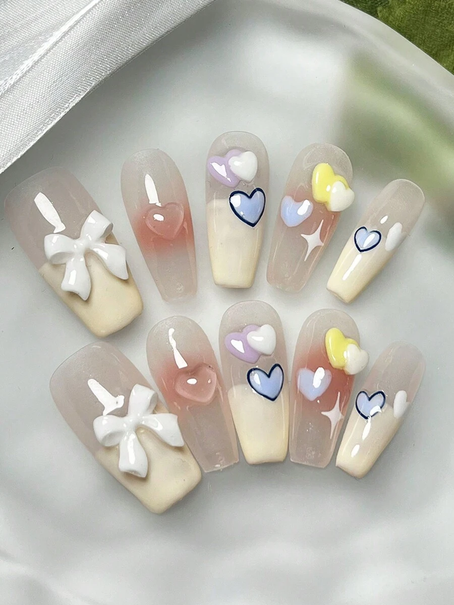 10 Stück handgemachte Zuckerstangen-Farbverlauf Kunstnägel mit süßer 3D ...