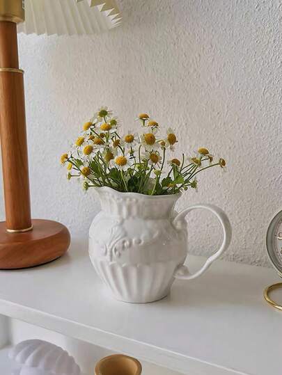 1pc Minimalist European Style Retro Embossed Ceramic Flower Vase For Living Room Decoration, White Milk Jug Shaped Ornament Gifts Birthday Graduation Home Decor Glass Vase