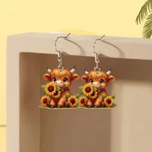 Cute Cow Sunflower Decor Dangle Earrings Cartoon Party Style Acrylic Jewelry Adorable Female Earrings Valentines,Mom,Mother,Mother's Day,Gift - Multicolor - View 4