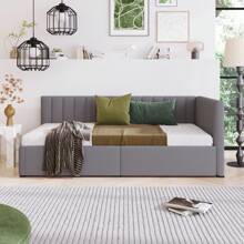 Twin Corner Daybed With 2 Storage Drawers,L Shaped Day Bed With Upholstered Armrest,Modern Sofa Bed Frame,Linen Fabric,No Box Spring Needed - Xám - Xem 3