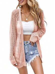 Women Crochet Lightweight Cardigan Cover Up Open Front Long Sleeve Summer Cardigans - Berwarna merah muda - View 1