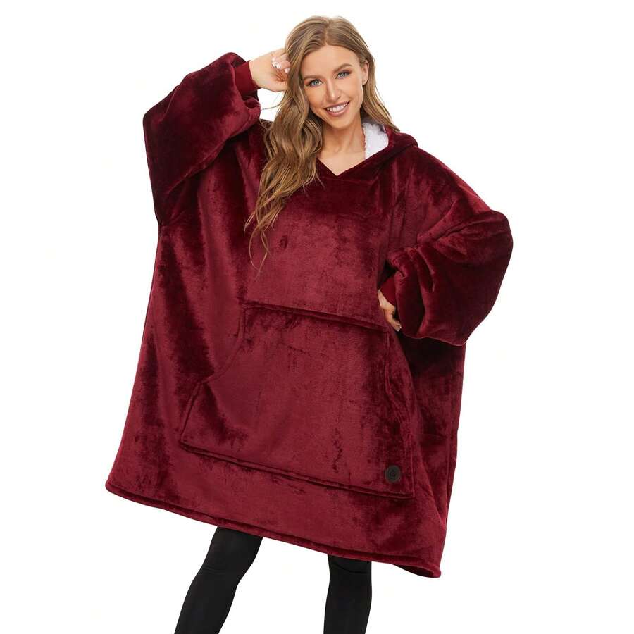 Wearable Oversized Blanket Hoodie - Cozy, Warm, And Fuzzy Sherpa Blanket Sweatshirt For Women Men (Regular-Adult) - 酒紅色 - 查看 1
