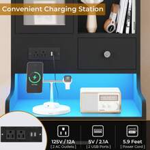 Tall Nightstand With Charging Station, LED Bedside Table With Bookshelf And Drawers, Black - Black - View 2