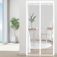 Cortina magnética de la puerta de verano con rayas blancas de tamaño completo, transpirable y repelente de mosquitos, con cierre automático para hogar, dormitorio, cortina de pantalla contra moscas y mosquitos