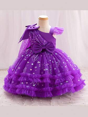 Young Girl's Asymmetrical Collar & Color Contrast Love Mesh Dress With Bowknot Waist And Princess Skirt Design