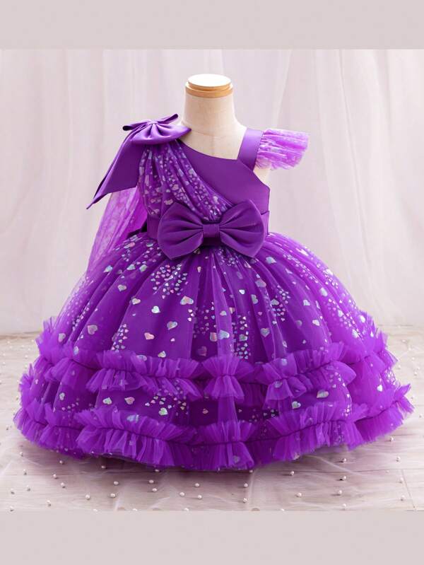 Young Girl's Asymmetrical Collar & Color Contrast Love Mesh Dress With Bowknot Waist And Princess Skirt Design