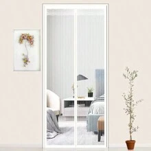Cortina magnética de la puerta de verano con rayas blancas de tamaño completo, transpirable y repelente de mosquitos, con cierre automático para hogar, dormitorio, cortina de pantalla contra moscas y mosquitos