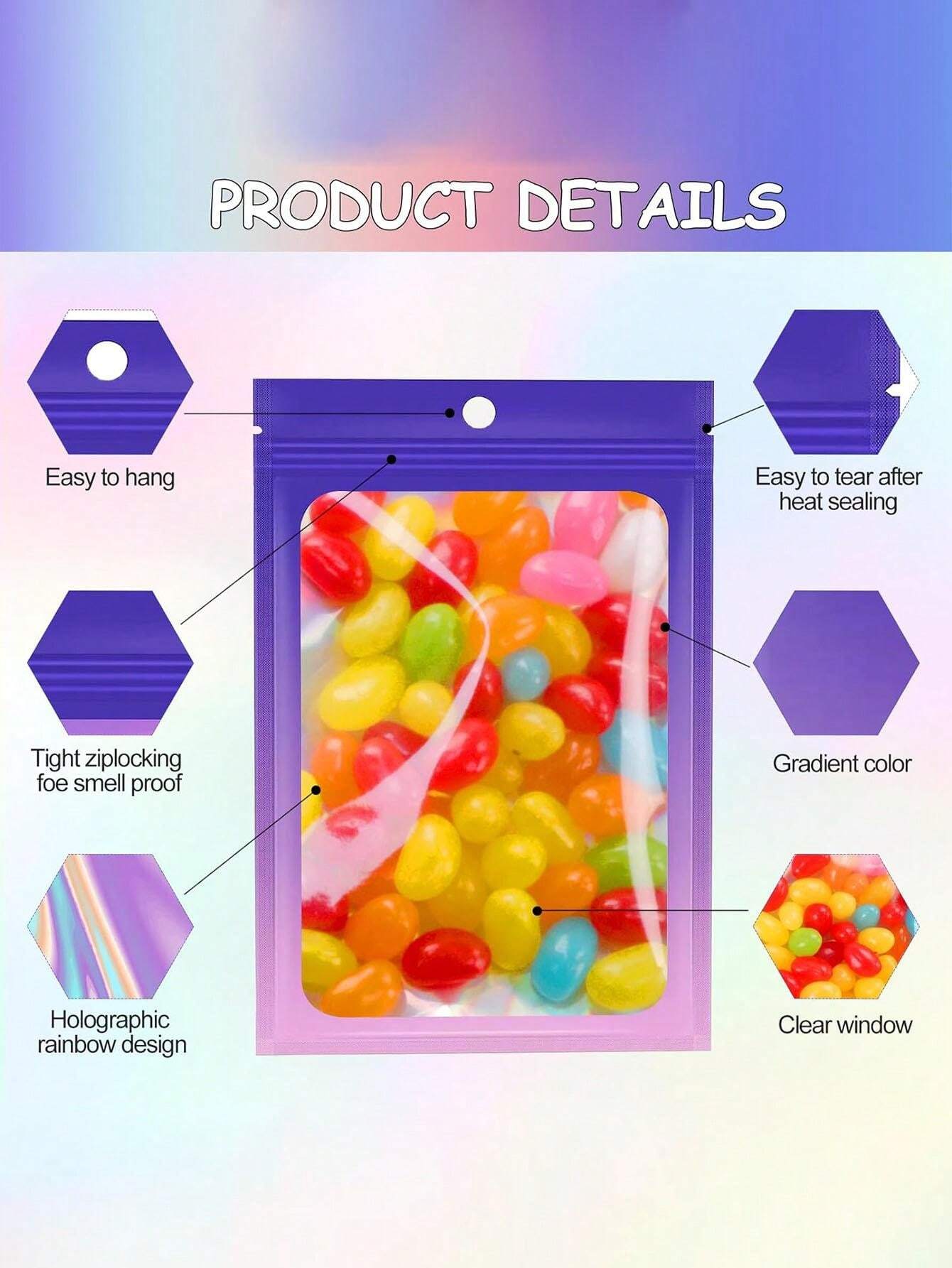 200 Pcs Smell Proof Resealable Mylar Zip Lock Bags, Holographic Bags