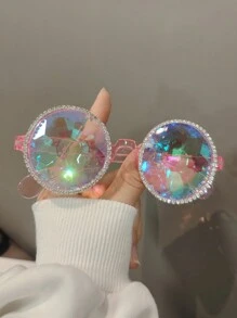 1 Peça Óculos de sol da moda feminina com armação de plástico rosa magenta vibrante, decoração de cristal de kaleidoscópio brilhante, acessório de fantasia de festa de luxo estilo Y2K, adequado para praia, festa temática, festival (óculos sem grau com pano de limpeza), acessórios de praia para mulheres, óculos escuros, básicos de roupas femininas para outono/inverno, presentes para férias na praia, ao ar livre, viagens