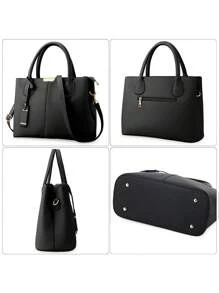 Women Classic Top Handle Satchel Bag PU Leather Handbag Shopper Work Crossbody Tote Bag With Shoulder Strap - 黑色 - 查看 4