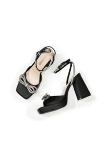 Women Platform Heeled Sandals With Double Bowknots Crystal Decor Fashion Square Toe Chunky High Heeled Sandals For Wedding Prom - Black - View 8