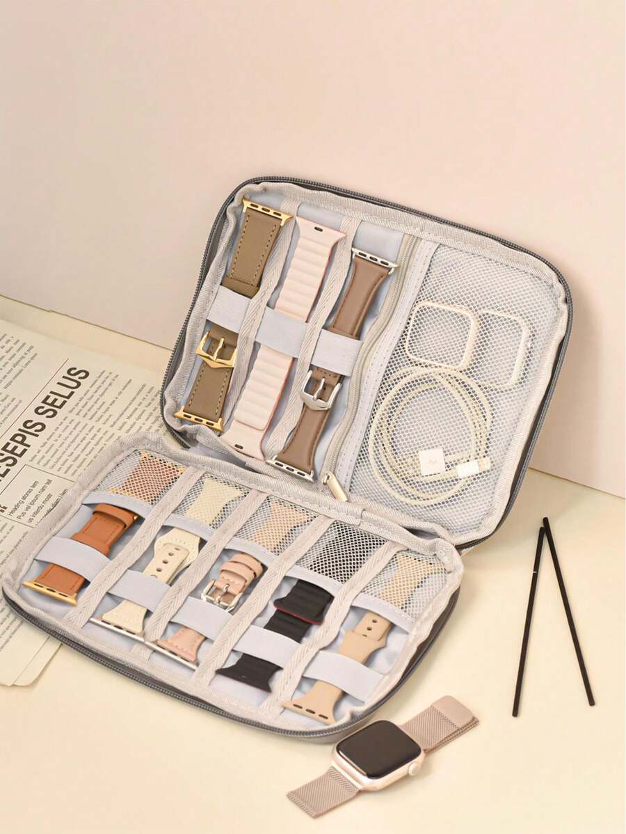 1 hộp đựng dây đeo đồng hồ bằng nylon, dây đeo đồng hồ, cáp dữ liệu, túi đựng đồ du lịch di động, túi đựng đồng hồ thông minh, dây đeo cổ tay, hộp đựng đồng hồ đa chức năng, tương thích với dây đeo đồng hồ Apple, tai nghe, cáp, bộ sạc, đồ trang sức, đồ trang điểm, phụ kiện khác, hộp đựng túi