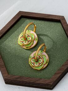 1pair 18K Gold Plated Vintage Enamel Colorful Circle Earrings With Floral Pattern, Mother's Day Gift - Green - View 18