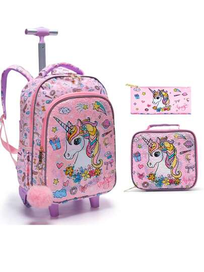 BLING BABIES 3Pcs Girls Pink Sequins Unicorn Pattern Design Cute Cartoon Pull Rod Backpack For Children Primary School Backpack With Roller With Glow-In-The Dark Feature Includes Lunch Bag And Pen Bag