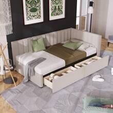 Twin Corner Daybed With 2 Storage Drawers,L Shaped Day Bed With Upholstered Armrest,Modern Sofa Bed Frame,Linen Fabric,No Box Spring Needed - Beige - View 1