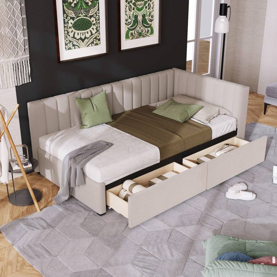 Twin Corner Daybed With 2 Storage Drawers,L Shaped Day Bed With Upholstered Armrest,Modern Sofa Bed Frame,Linen Fabric,No Box Spring Needed - Beige - View 1