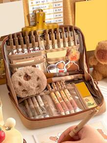 1 Miếng Đơn giản Lớn Mở 12 Lưới Phân loại Văn phòng phẩm Túi bảo quản , Vải Công suất Lớn Dây kéo Kiểu Học sinh Túi bảo quản , Đa chức năng Thuận tiện Lưu trữ Túi đựng - màu đen - Xem 7