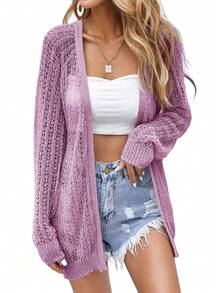Women Crochet Lightweight Cardigan Cover Up Open Front Long Sleeve Summer Cardigans - Mauve Purple - View 1