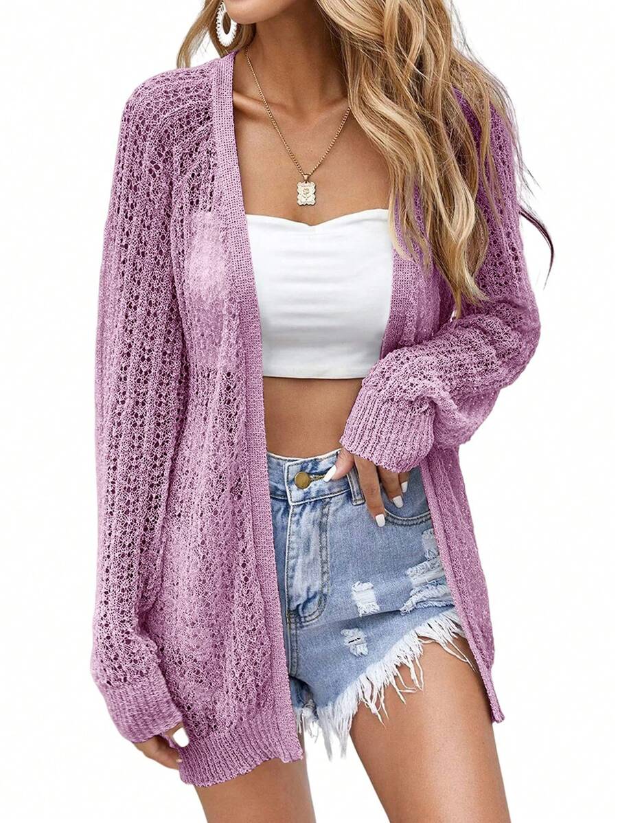Women Crochet Lightweight Cardigan Cover Up Open Front Long Sleeve Summer Cardigans - Mauve Purple - View 1