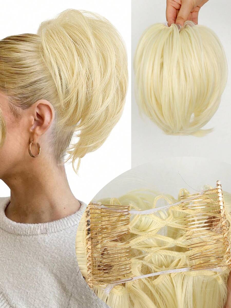 合成短亂捲髮鬆散蓬鬆髮型束狀容易伸展，雙夾子夾帶有彈性頭帶的馬尾髮型，假髮頭套 - 米色 - 查看 1