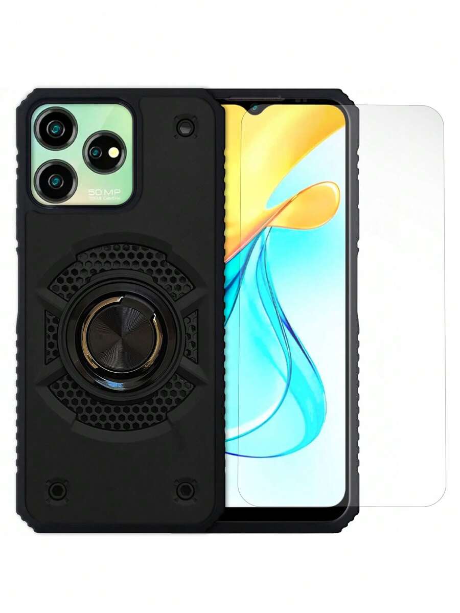 Funda Uso Rudo Para ZTE Axon 50 Lite Con Anillo Capitán + Mica HD - Negro - Ver 1