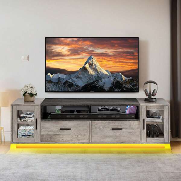 LED TV Stand For TVs Up To 75 Inch With Power Outlets TV Entertainment Center