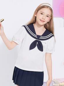 Balabala 儿童短袖T恤，女童夏季时尚，中大童甜美时尚翻领蝴蝶结，JK风格 - 白色 - 查看 3