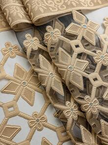 1pc American Style Black Base Fabric Double Row Gold Thread Jacquard Hollow Diamond Pattern Small Flower Transparent Sheer Curtain - Coffee Brown - View 5