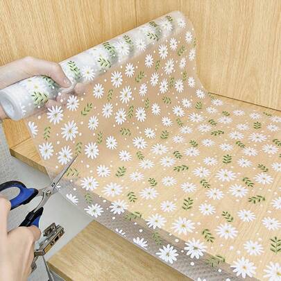 1pc Daisy Printed Drawer Moisture-Proof Mat For Kitchen Cabinet, Table, Multi-Size Cuttable EVA Material, Easy To Clean, Non-Slip Waterproof Oil-Proof Dust-Proof Household Liner Paper, Suitable For Refrigerator, Kitchen Shelf, Food Storage Room, Desk, Cabinet, Shoe Cabinet, Wardrobe, Tabletop For School,Office,Household,Travel