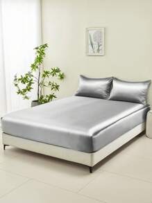 2/3件套奢华缎面床上用品套装，包含床笠、床罩、纯色床垫保护套，柔软舒适，加厚床垫保护套，1个床垫罩+1/2个枕套，适用于单人床、双人床、大号床、特大号床，超柔软透气，丝滑柔顺，抗皱，床笠可机洗 - 銀色 - 查看 7