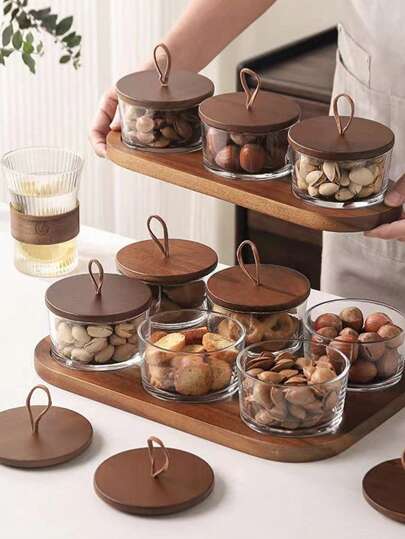 新款日式木制和玻璃零食盘家用多功能食品储存罐托盘套装，2/3/4/6 隔层，适用于谷物、糖果、饼干、面包、户外、婚礼、派对、礼物、生日、圣诞礼物