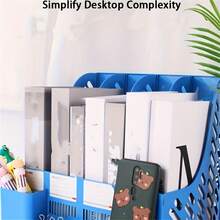 1pc Multi-Level Desktop File Rack With Four Columns, Desktop Bookshelf, A4 File Storage Box, Folder, Document Rack, Data Shelf, File Bar, Office Supplies, Document Tray, Office Desk Organizer. - Multicolor - View 4