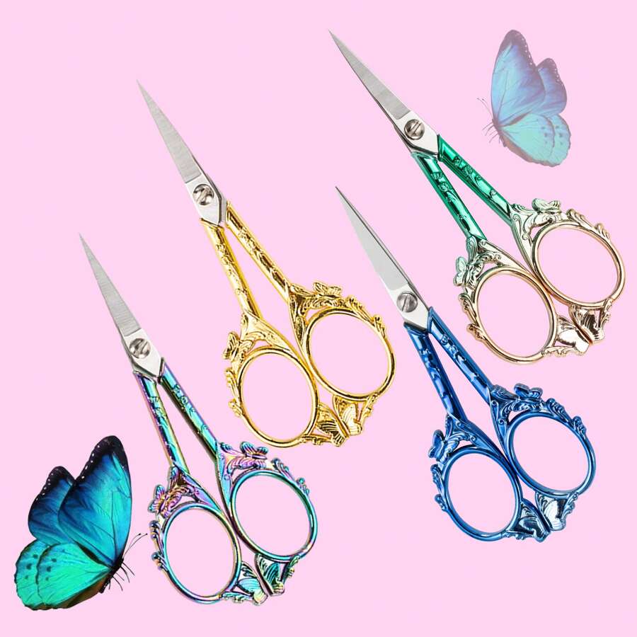 1pc Stainless Steel Butterfly Embossed Scissors 4.7in, Fashionable Stainless Steel Scissors For Trimming Eyebrows, Nose Hair, Paper, Window Decors, Daily Household & Office Items, Pruning Small Branches, DIY Crafting, Leatherworking, Sewing Needlework, Thread Scissors,Makeup,Cheap,Room Decor,Vanity,Travel,Bedroom,Makeup Accessories