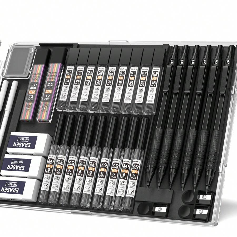 Nicpro 35PCS Black Metal Mechanical Pencils Set In Case, Art Drafting Pencil 0.5, 0.7, 0.9 Mm & 3PCS 2mm Graphite Lead Holder For Drawing Sketching With 20 Tube Lead Refills(6B 4B 2B HB 2H 4H Colors) - Black - View 1
