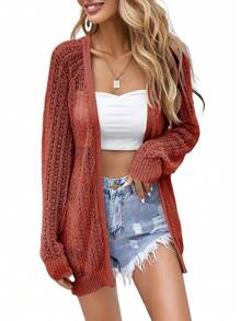 Women Crochet Lightweight Cardigan Cover Up Open Front Long Sleeve Summer Cardigans - Redwood - View 1