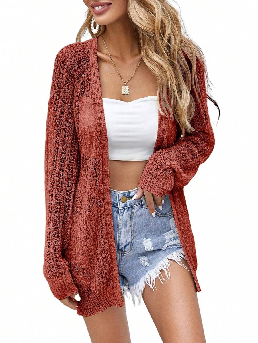 Women Crochet Lightweight Cardigan Cover Up Open Front Long Sleeve Summer Cardigans - Redwood - View 1
