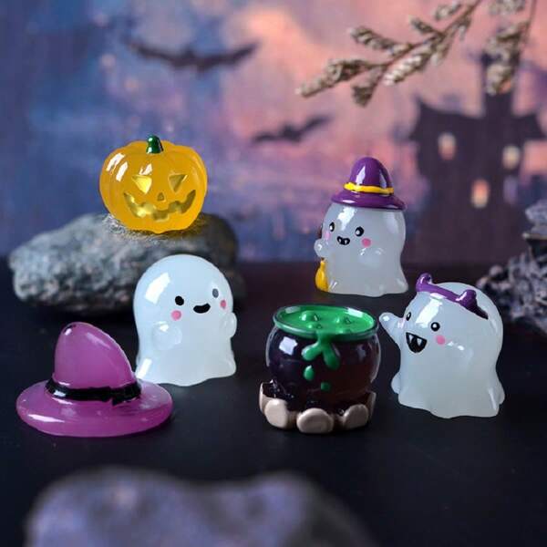 6 Pcs, Cute Micro Landscape Horticultural Resin Small Decoration Halloween Wizard Hat Ghost Series Pumpkin Ghost Festival Accessories  Gardening Desktop Car Decoration, Little Ghost Bring Home Small Gifts, Halloween Room Decor Gothic