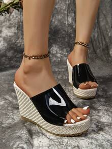 女士2024夏季韩版厚底高跟凉鞋露趾复古罗马风系带拖鞋沙滩拖鞋百搭时尚 - 黑色 - 查看 4