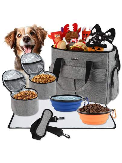 FULED Hundväska, Hundmatsryggsäck, Hundmatsryggsäck, Weekend-Resekit för Hundar och Katter, Godkänd av Flygbolag, Resväska med Multifunktionsfickor, 2 Djurmatbehållare och 2 Hopfällbara Silikonskålar (Silikonskålar, Slumpmässig Färg)