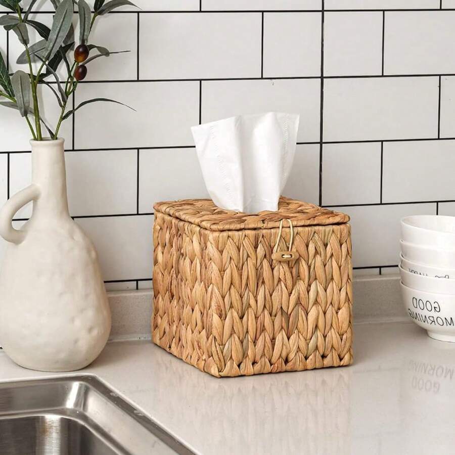 1 hộp đựng khăn giấy có nắp, hộp đựng khăn giấy dệt hình vuông và hình chữ nhật, hộp đựng khăn giấy đơn giản, thích hợp cho phòng tắm, phòng khách, phòng ngủ, bàn trang điểm, đồ trang trí nhà cửa, phụ kiện phòng tắm, đồ gia dụng, mặt bàn, trang trí nhà cửa, sắp xếp và lưu trữ đồ gia dụng