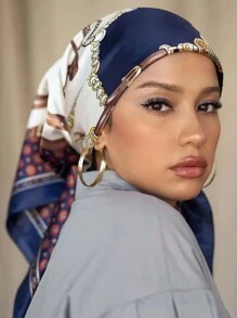 1入女士鏈條紋路紋綢緞海軍藍方形圍巾，時尚戶外頭巾、髮箍、頭帶，90x90cm，適用於春夏季使用的頭巾、髮箍、頭帶，為你的造型增添時尚感