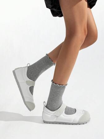 Color Block Mary Jane Style Flat Shoes With Hook And Loop Closure, Comfortable & Breathable Casual Shoes For Everyday Wear, Fashionable Round Toe Loafers Or Ballet Flats For Women