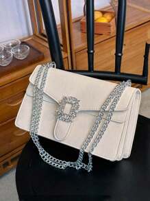 1pc Fashionable New Ivory White Shoulder Bag With Chain Strap, Spacious Multi-Layered Crossbody Bag For Women